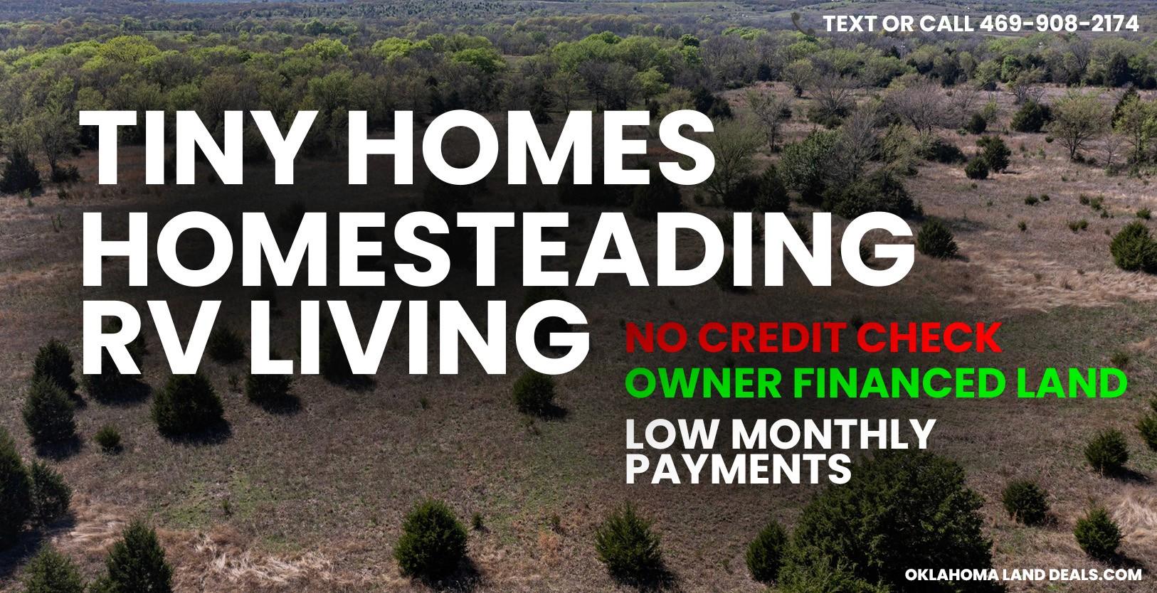 Graphic over aerial wooded acreage reading Tiny Homes, Homesteading, RV Living with no credit check and owner financed land