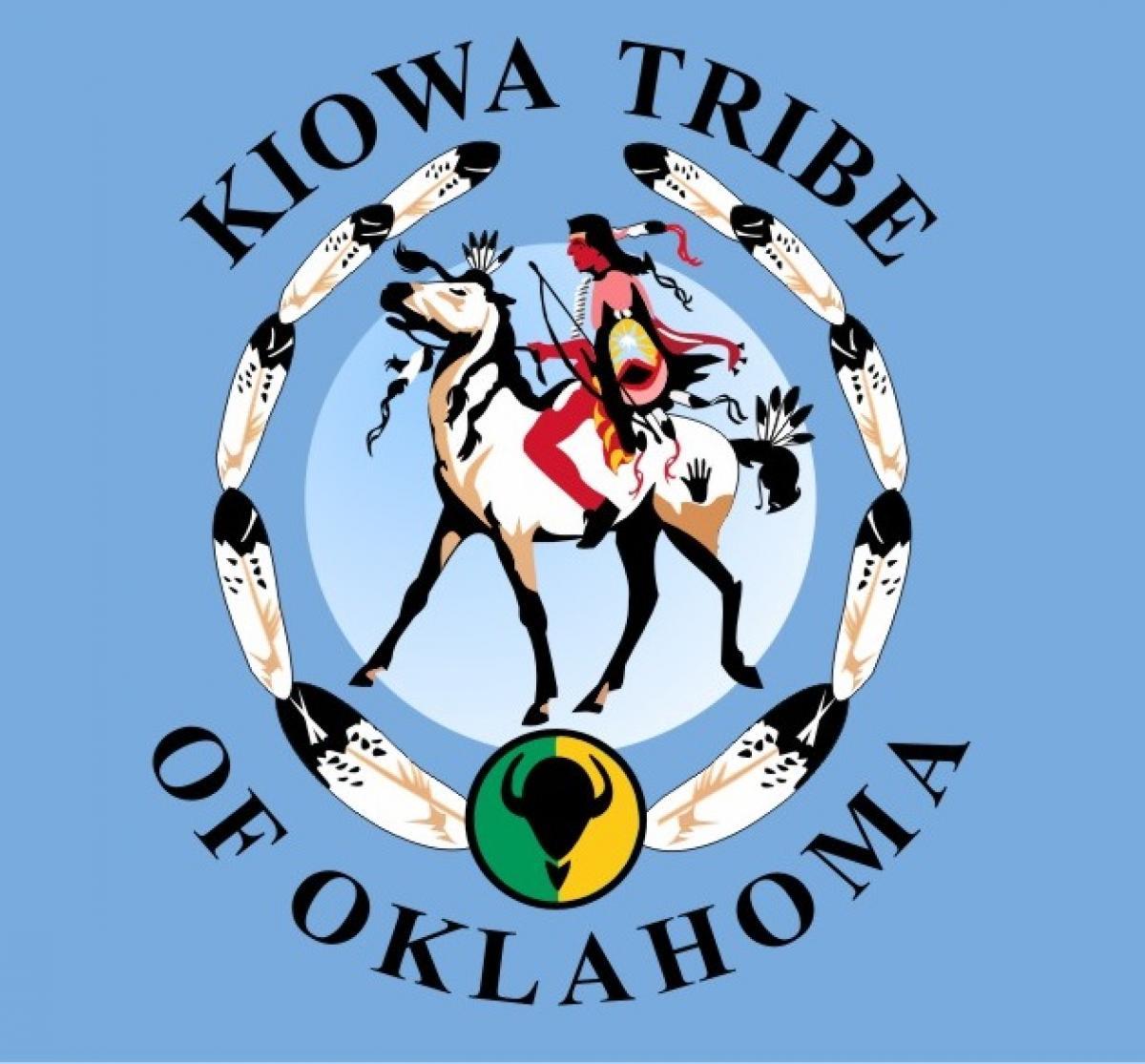 Seal of the Kiowa Tribe of Oklahoma, showing a warrior on horseback ringed by feathers above a buffalo medallion