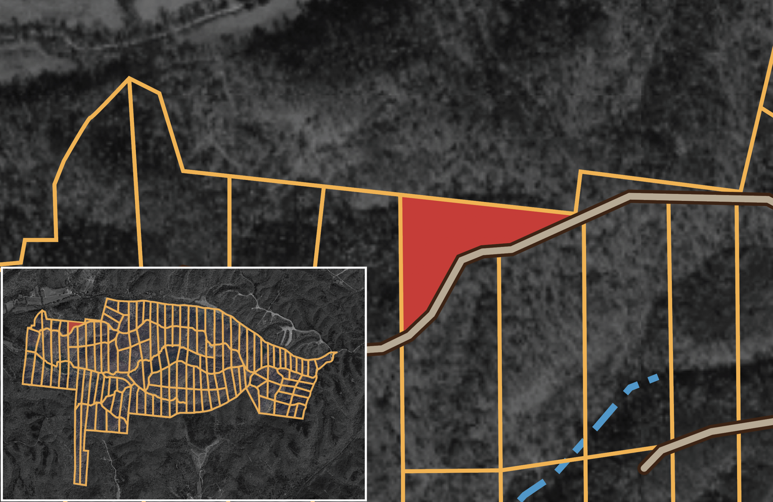 Satellite parcel map of Big White Oak in Perry County, Tennessee, one tract highlighted red among orange boundaries beside a road and creek