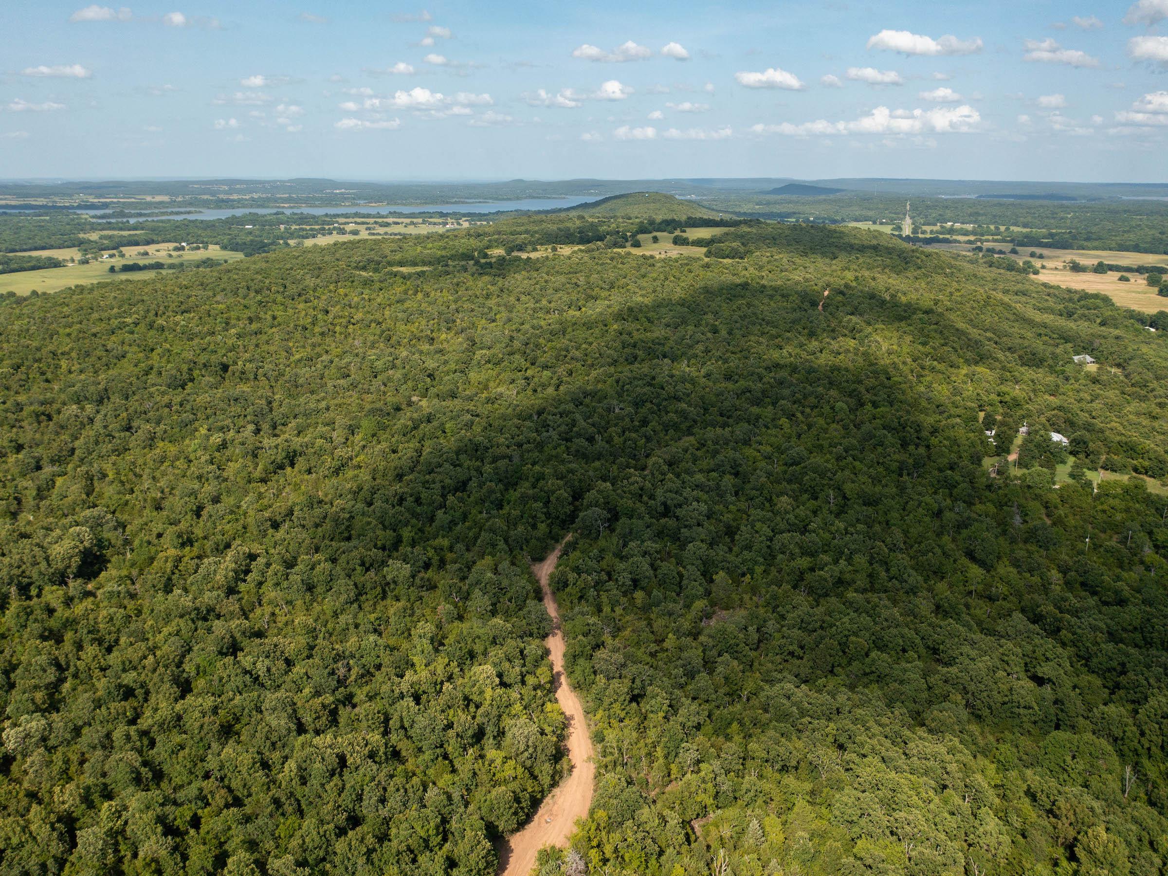 Aerial view of densely wooded hills in McIntosh County, Oklahoma, with a red dirt road cutting through and a lake on the horizon