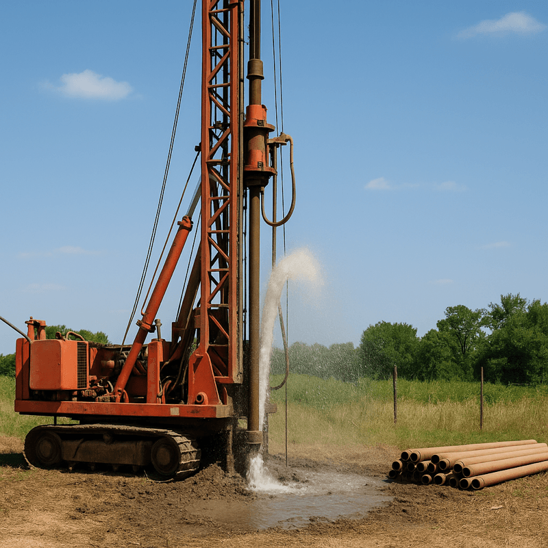 A tracked water well drilling rig at work in a field, water spraying from the borehole beside a stack of well casing pipe